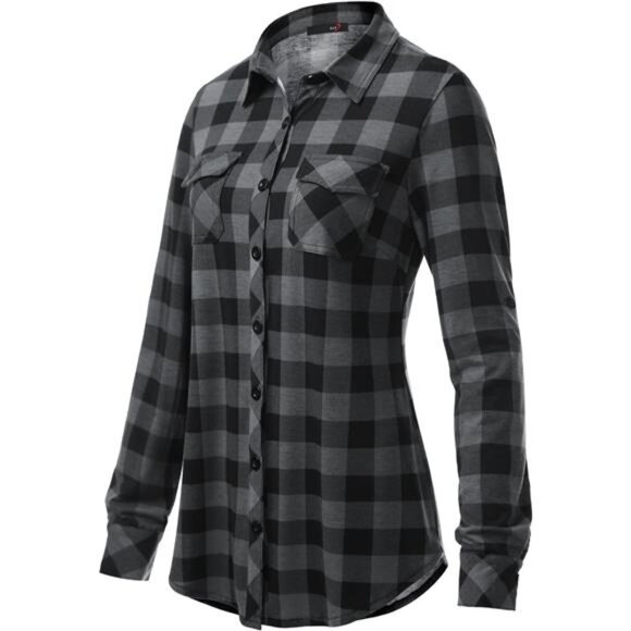 Womens Soft Stretchy Knit Plaid Shirts - Roll‎ Up Long Sleeve Collared Blouses - Picture 3 of 7